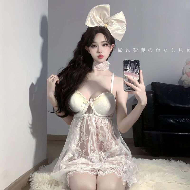 Rose Cloud Sexy Lingerie, Sexy Lace Transparent Nightgown with Breast Pads, Suspender Nightgown, Short Skirt, Tempting Nightgown Set