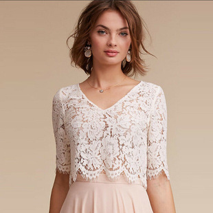 New European and American foreign trade bride lace jacket hollow flower pattern small shawl back split button heart-shaped neckline