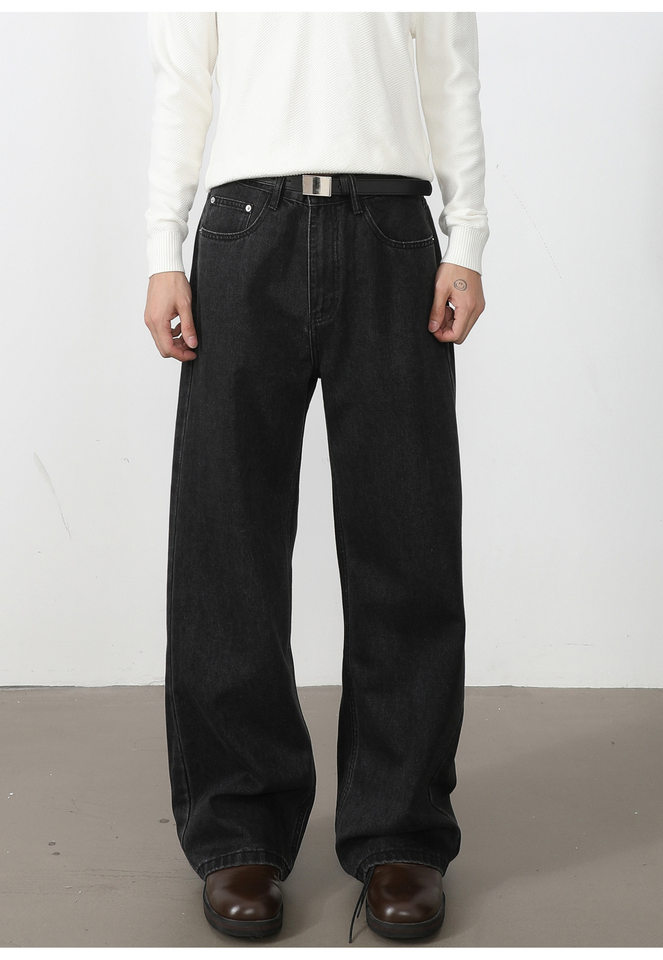 Quần jean nam ống rộng dáng suông thoải mái kiểu Mỹ, vải denim xử lý giặt mài, lưng trung, dài quần — Xanh da trờicolor, Xám đen, màu xám nhạt chi tiết 22