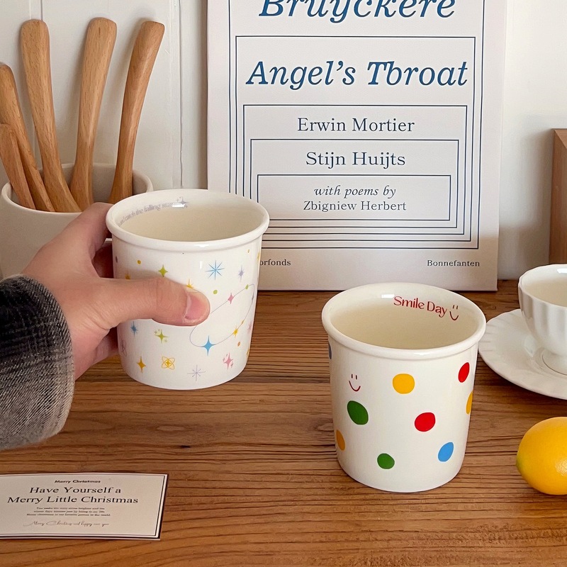 波点笑顔手握りカップかわいいins高颜値陶磁器コーヒーカップ朝食牛乳カップオフィス家庭カップ|undefined