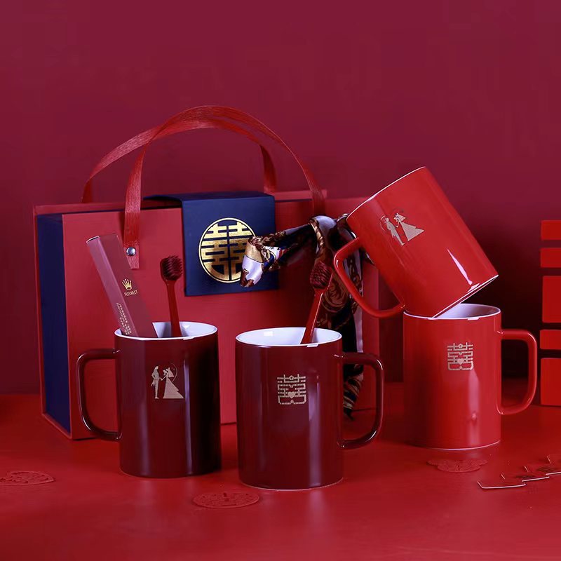 Taza de enjuague de boda, un par de tazas de cepillo de dientes de boda rojas, tazas de cepillo de dientes de boda, set de tazas de dientes de boda