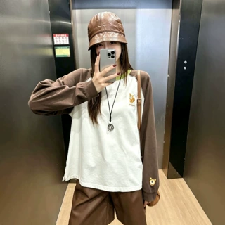 纸袋秋冬新款韩版250g纯棉卡通刺绣打底衫宽松插肩袖长袖T恤4543