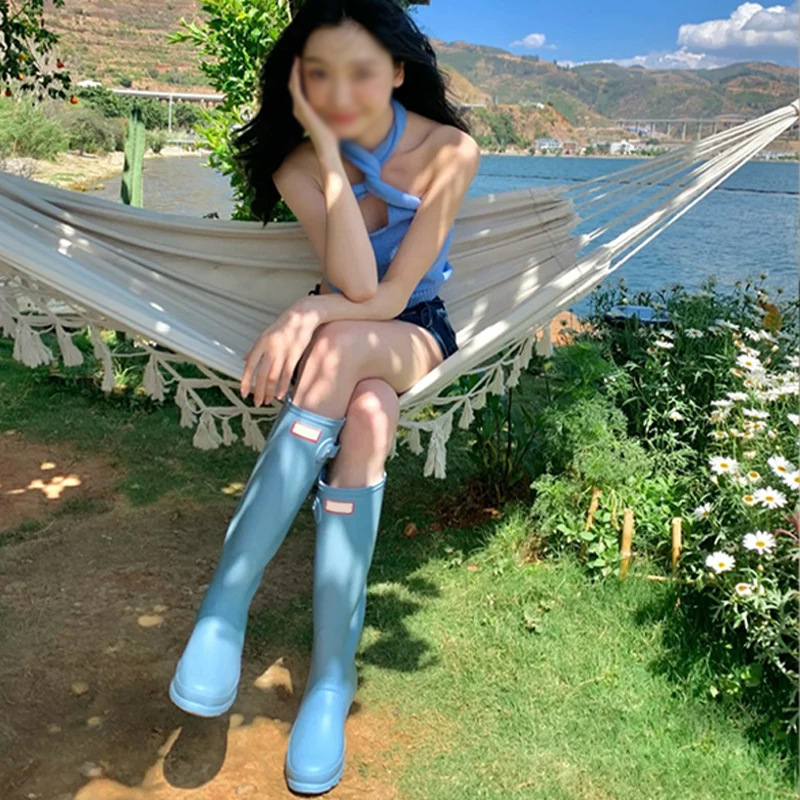 现货现发~娜扎同款红色高筒雨靴女网红户外防水靴长筒骑士靴雨鞋|undefined
