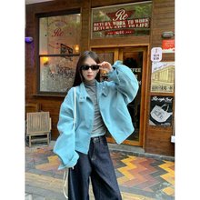 蓝色灯芯绒短款外套女春季新款超好看拉链开衫设计感宽松夹克