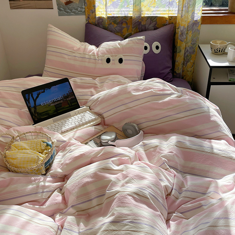 Minimalis Sriped Four-Piece Pure Yarn-Dyed Washed Coon Fied Shee Quil Cover Suden Dormiory Bed Three-Piece_voghion.com