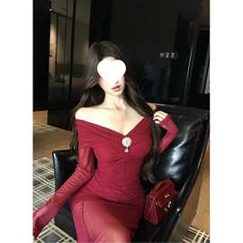 高级感御姐风气质修身网纱一字肩长袖连衣裙女新款礼服包臀裙黑色