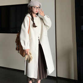 学院风连帽米白色双面羊绒大衣女秋冬季新款宽松羊毛呢外套中长款