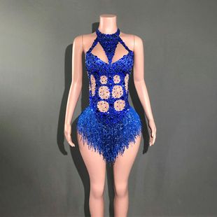 Birthday Costume Diamond Costume Female Singer Show Rhinestone Tassel Stretch Slimming Latin Dance Tutu Dress