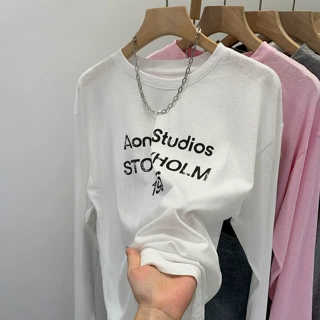 设计感小众字母印花圆领长袖T恤女2025新款宽松显瘦独特别致上衣