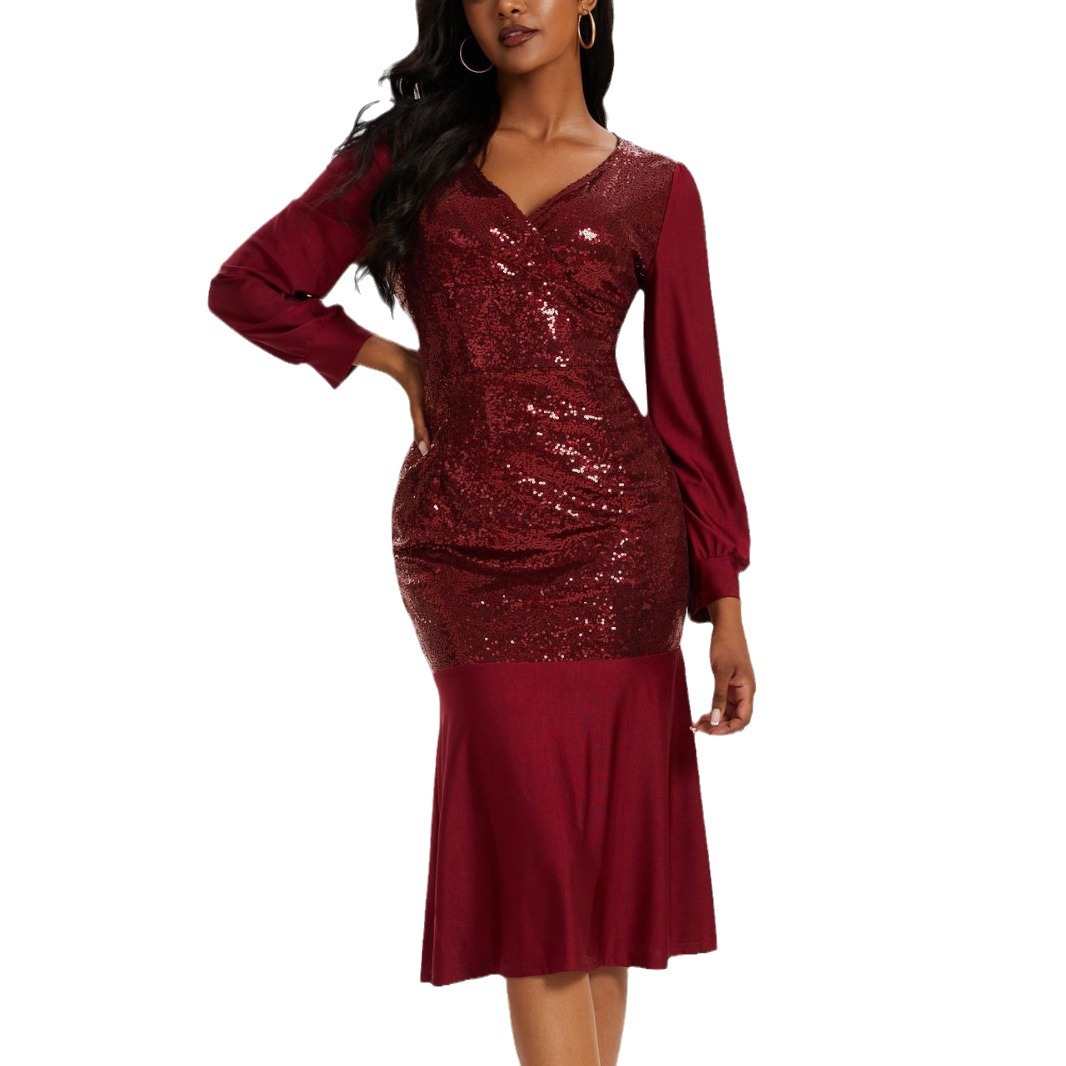 European and American Foreign Trade Women's Cross-border Dress Sexy Slim V-neck Sequin High Waist Party Fishtail Dress