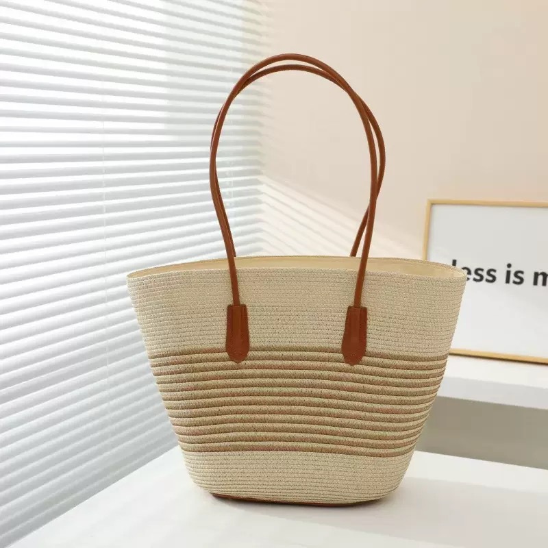 New Summer Striped Single Shoulder Commuting Straw Woven Bag, New Large Capacity Casual And Fashionable Women's Beach Tote Bag_voghion.com