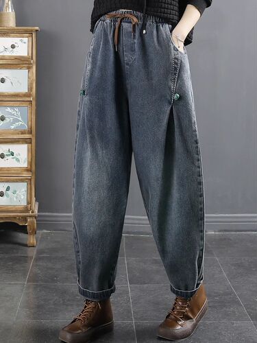 Spring slimming elastic waist washed blue disc buckle loose dad Harlan jeans pants casual jeans for women
