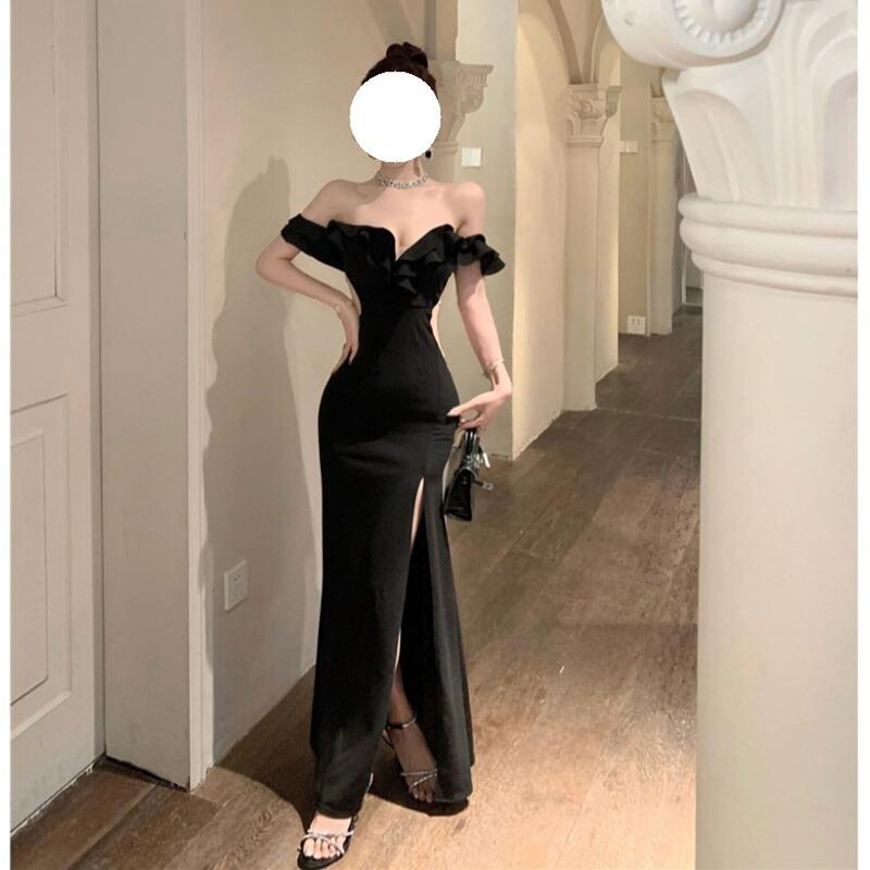 High Slit Long Skirt with Niche Design, Ankle-Length Super Long Evening Dress, Sexy Tube Top One-Shoulder Dress for Women