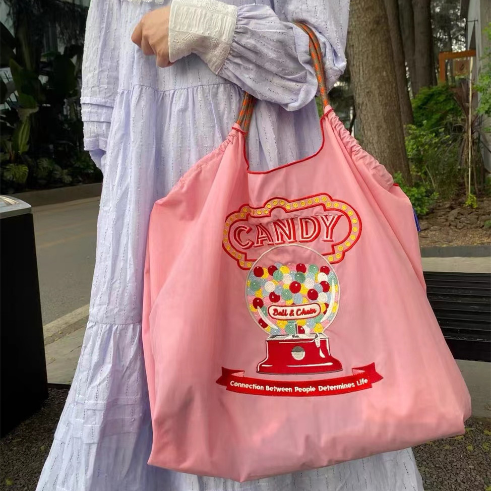 日系自作ボールチェーン環境保護レジ袋ナイロン布刺繍花手提げキャンバスバッグナイロンショッピングバッグ