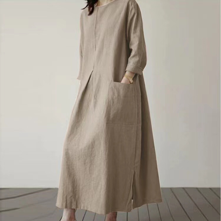 In-Stock Long-Sleeve Women's Dress, Spring Round-Neck Elegant Dress, Casual Fashion Holiday Sun Dress