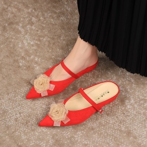 2237-H95 Korean version one word belt sweet beauty shoes, suede flower slope heel, half drag, inner height increase, low