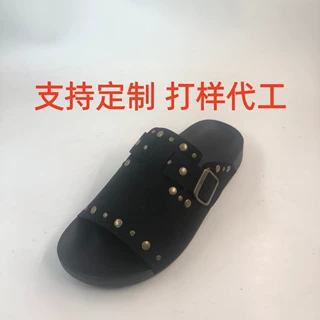 亚马逊跨境铆钉金属扣带包头勃肯鞋新款欧美女鞋平底拖鞋