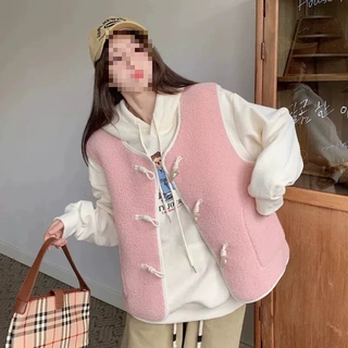 羊羔毛马甲外套女2025秋冬新款韩版皮毛一体牛角扣坎肩马夹上衣女