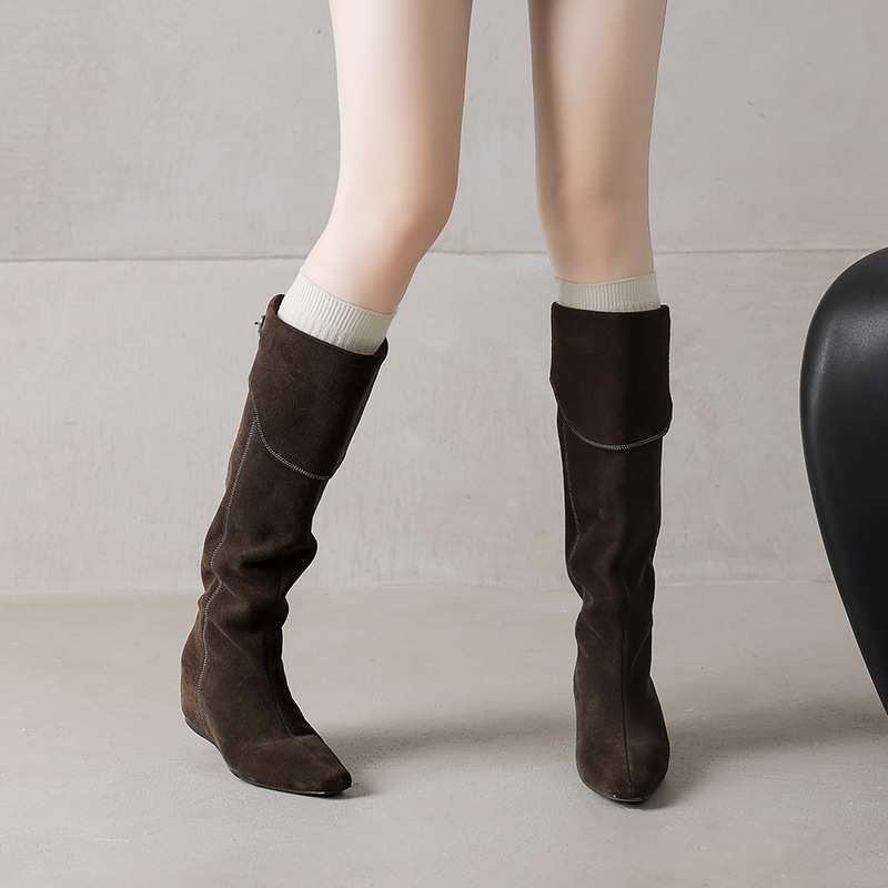 Boot nữ cổ cao da mờ phong cách Wasteland, đế xuồng tăng chiều cao, mùa thu đông — Màu nâu, xanh xám