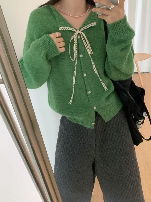 韩系系带蕾丝翻领毛衣小外套女秋冬新款纯色百搭软糯针织开衫|undefined