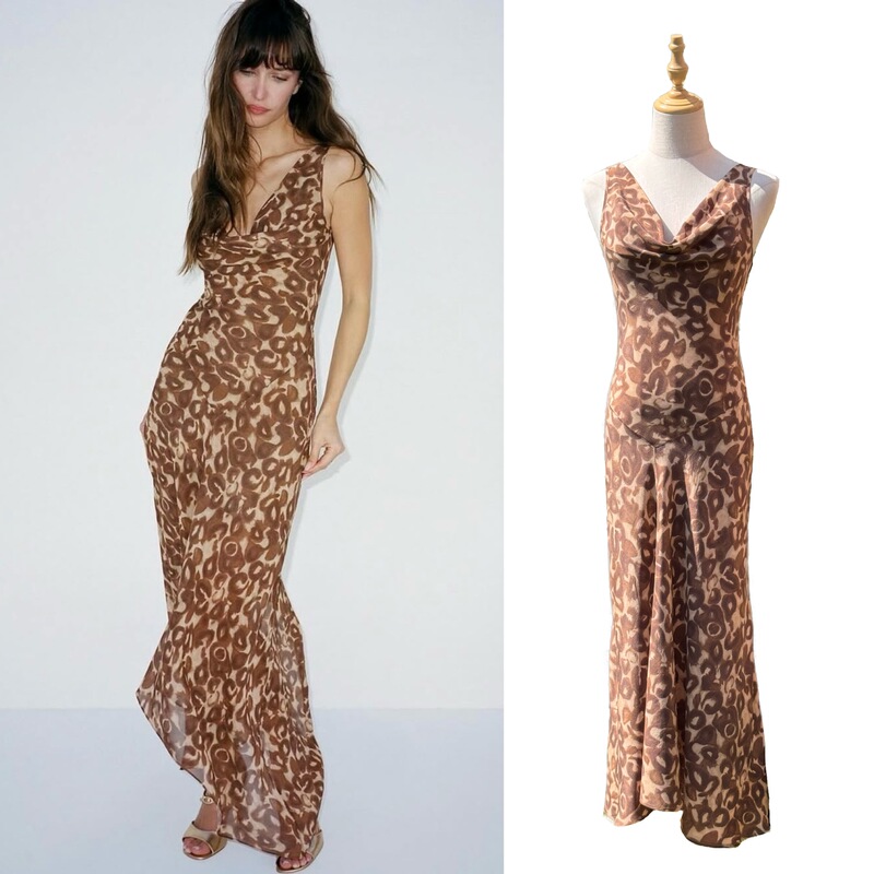 Brown Leopard Print·French-Style Lazy Draped Collar Design Bias-Cut Silk Sleeveless Long Dress