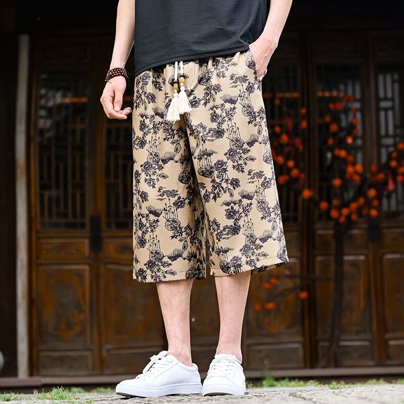 Teenage Men's Cotton Cool Breathable National Style Printed Casual Sports Cropped Pants Summer Versatile Straight Shorts