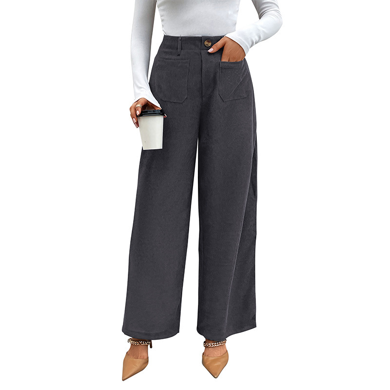 women's autumn and winter loose casual pants commuting high-waisted wide-leg pants corduroy casual button trousers_voghion.com
