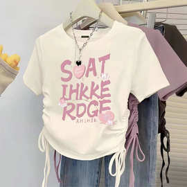 女童新款棉料抽绳短款上衣夏季韩版短袖恤中大童洋气百搭修身收腰