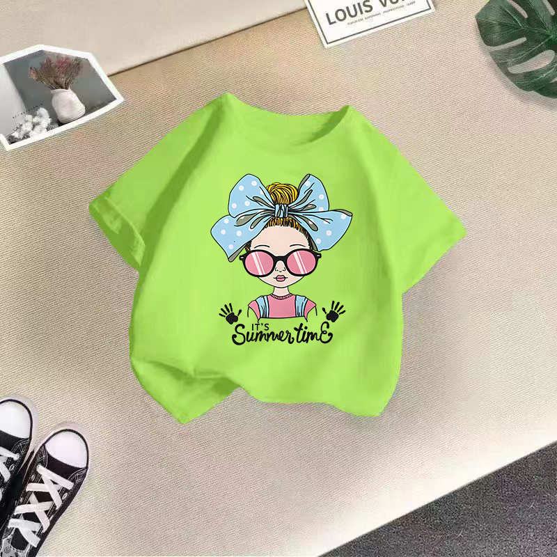 Ropa para niños transfronterizos 2024 verano nuevas camisetas de manga corta para niños y niñas tops de cuello redondo de moda bebé de media manga de algodón