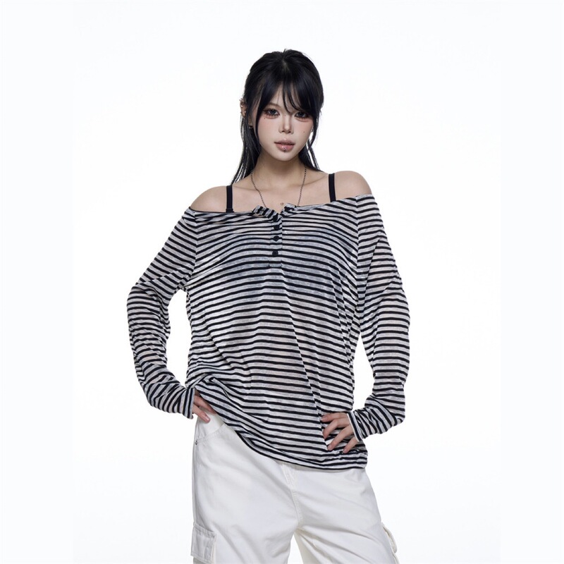 American Retro Lazy Style Striped Off-Shoulder Long-Sleeve T-Shirt for Women, Summer Trendy Loose Off-Shoulder Top American Retro Lazy Style Striped Off-Shoulder Long-Sleeve T-Shirt for Women, Summer Trendy Loose Off-Shoulder Top