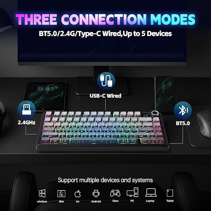 Teclado mecánico AULA F75 gaming, estructura gasket, teclas hot-swap, 2.4G y Bluetooth de 3 modos.