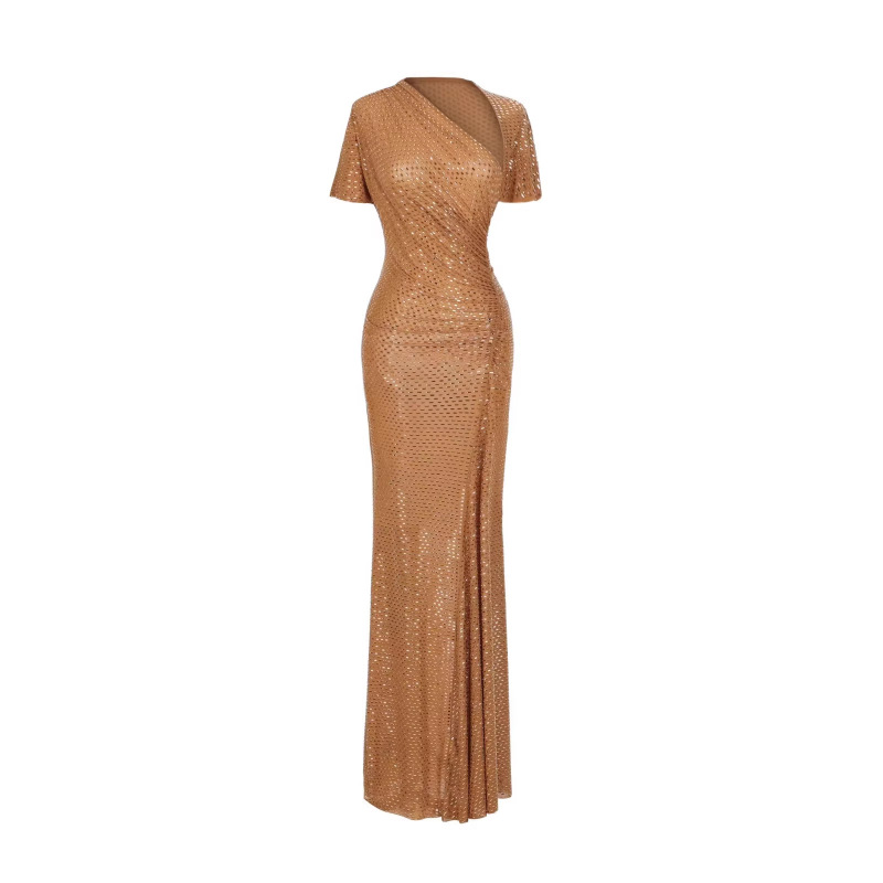 Sp~Elegant and Luxurious Short-Sleeved Asymmetrical Neckline Full Rhinestone Embellished Slim-Fit Bodycon Mermaid Long Dress Birthday Gown Gold Dress Sp~Elegant and Luxurious Short-Sleeved Asymmetrical Neckline Full Rhinestone Embellished Slim-Fit Bodycon Mermaid Long Dress Birthday Gown Gold Dress