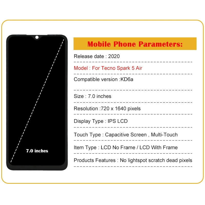 Подходит для Transsion TECNO Spark 5 Air: ЖК-экран мобильного телефона с тачскрином, внутренняя и внешняя панель с рамкой (в сборе)