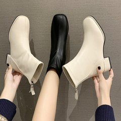 法式粗跟短靴女2025秋冬新款方头中跟马丁靴后拉链大码弹力瘦瘦靴