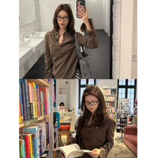 Tuuh图画本【咖绿衬衫】咖绿色翻领衬衫女秋通勤长袖上衣
