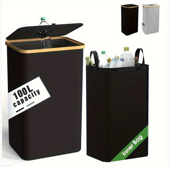 Cesta de almacenamiento de bambú con cubierta desmontable botella reciclada cesta de almacenamiento basura cocina casera reciclaje plegable