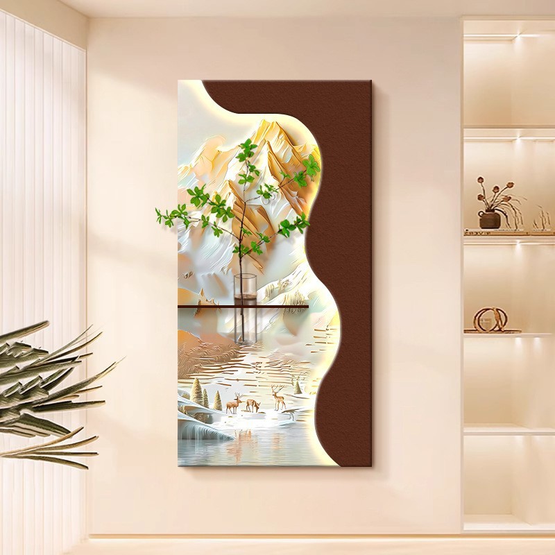 日照金山玄关装饰画水培绿植发光灯画竖版沙岩画高级感立体实物画|undefined