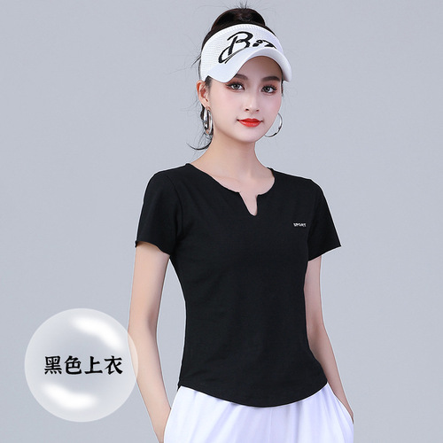 Momo Muda Spring and Summer Square Dance Small V-Neck Top for Women, Sports Fitness Dance Exercise Short-Sleeve T-Shirt Fashion Dance Costume
