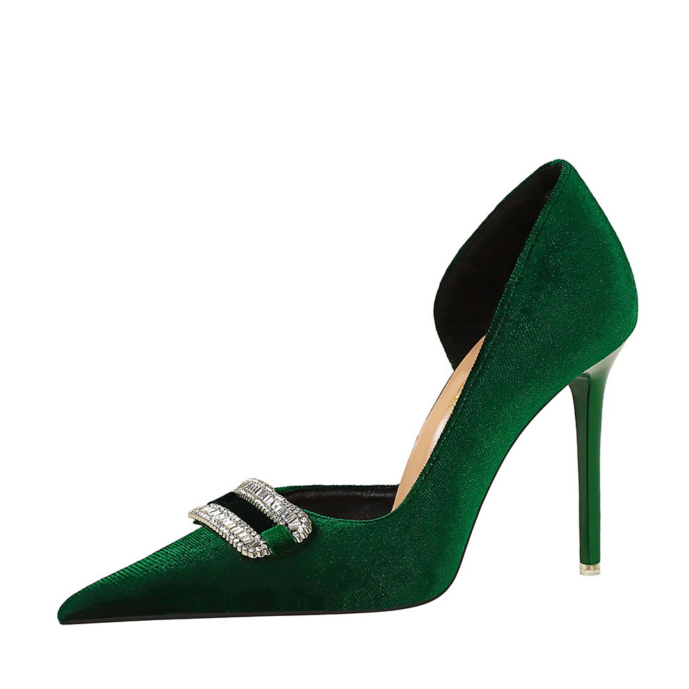 1363-K76 Banquet High Heels Women's Shoes Thickened Suede Shallow Mouth Pointed Side Hollow Ultra High Heels Water Diamond Buckle Single Shoes