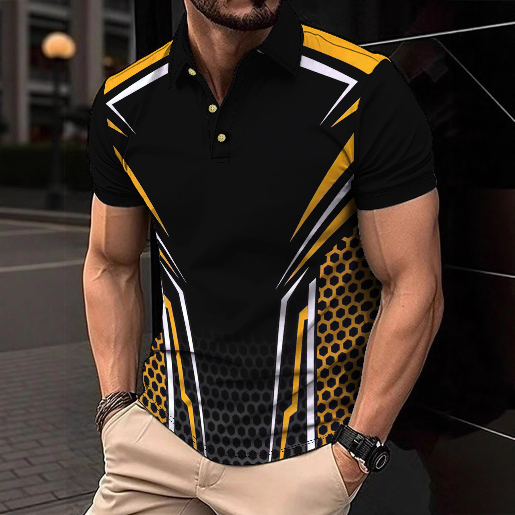 New Cross-Border Men's Summer Fashion Geometric Splicing Casual Short-Sleeved Polo Shirt 25 Years New Version