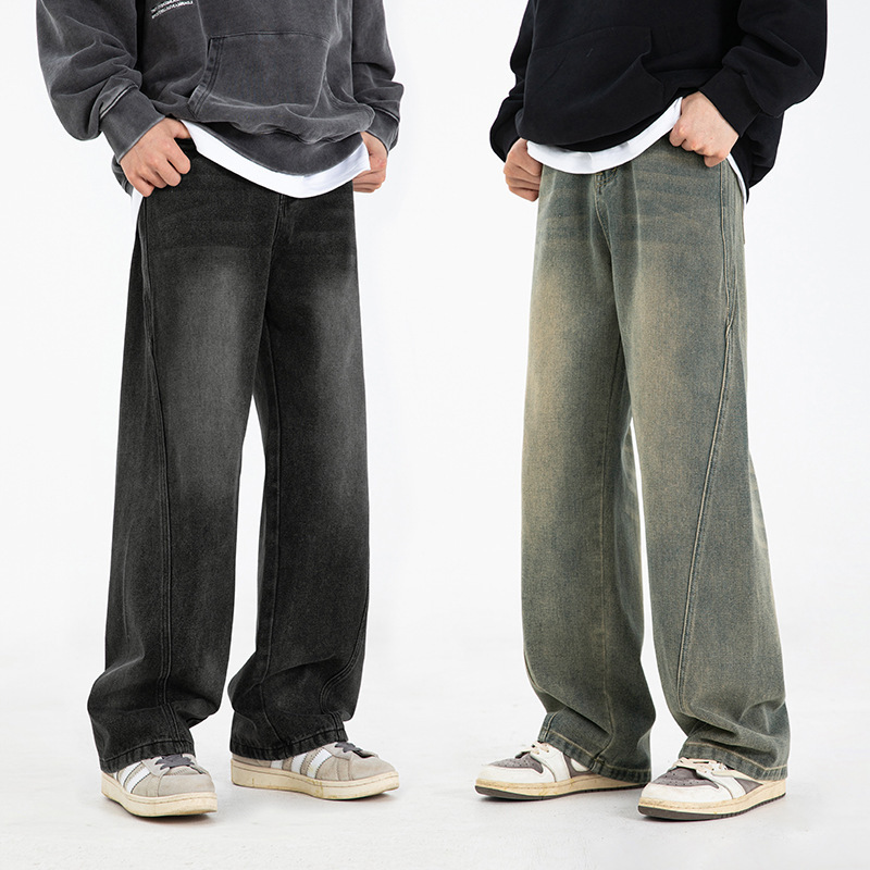 Split Design Distressed Washed Jeans for Men, Spring Style, American Trendy Brand, Loose Retro Slimming Slightly Wide Long Pants
