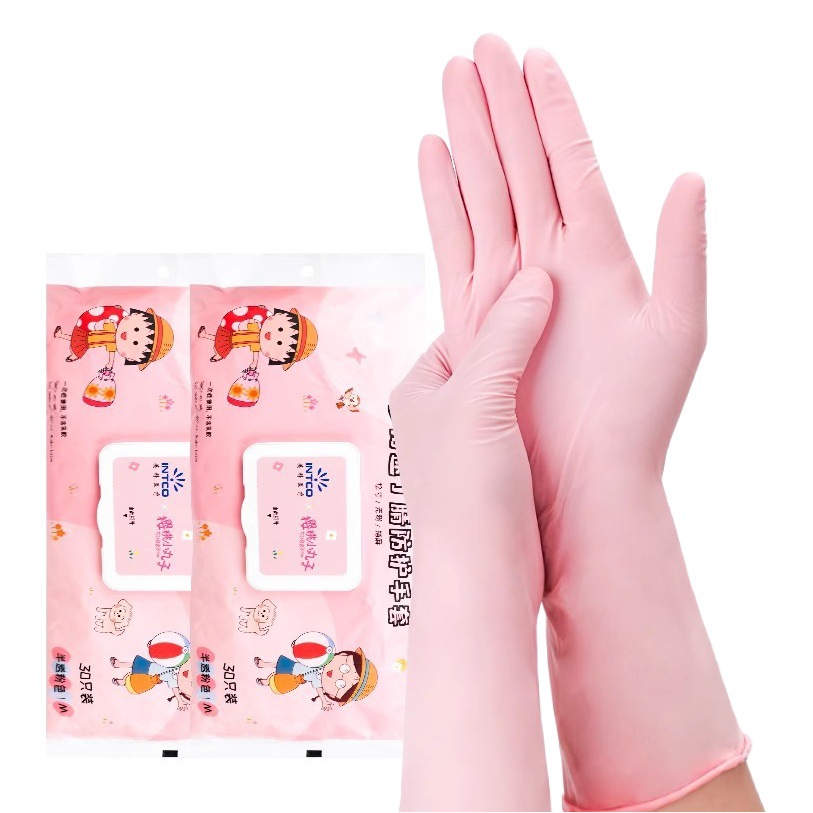Venta al por mayor Yingke cereza bolas desechables Rosa nitrilo guantes alargados de calidad alimentaria catering limpieza del hogar