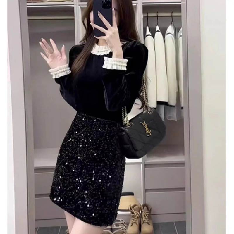 新款小香风女套装黑色拼接长袖衬衫上衣高腰亮片半身裙两件套短裙|undefined