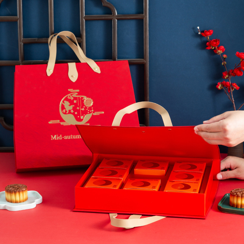 中秋节高端礼盒月饼盒空盒通用红色手提蛋黄酥8/粒礼品盒现货批发