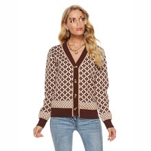秋冬新款韩版豹纹撞色针织开衫V领菱文艺格复古风宽松毛衣女外套