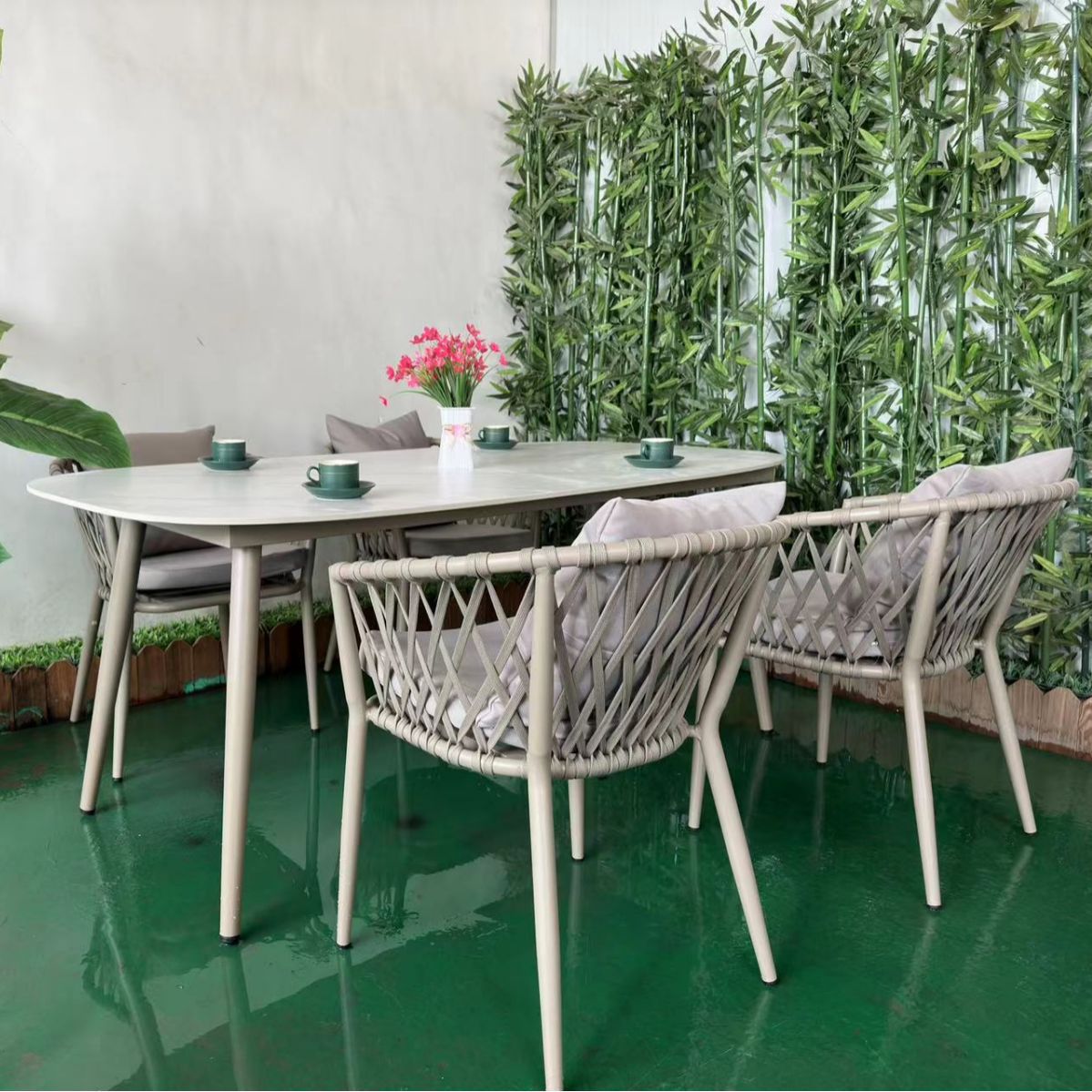 Outdoor Rock Slab Balcony Tea Table and Chairs Courtyard Garden Leisure Table and Chairs Set Scandinavian Outdoor Table and Chairs Rope Creator Chair