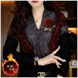 轻奢洋气印花加绒加厚衬衫2024年秋冬新款时尚休闲保暖衬衣打底衫