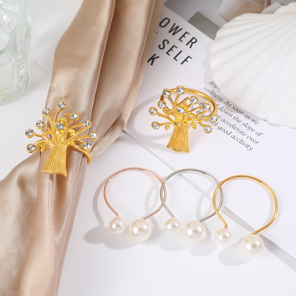 Foreign Trade Light Luxury Pearl Drill Napkin Ring Gold and Silver Elegant Western Restaurant Life Tree Napkin Buckle Pearl Open Dining Ring