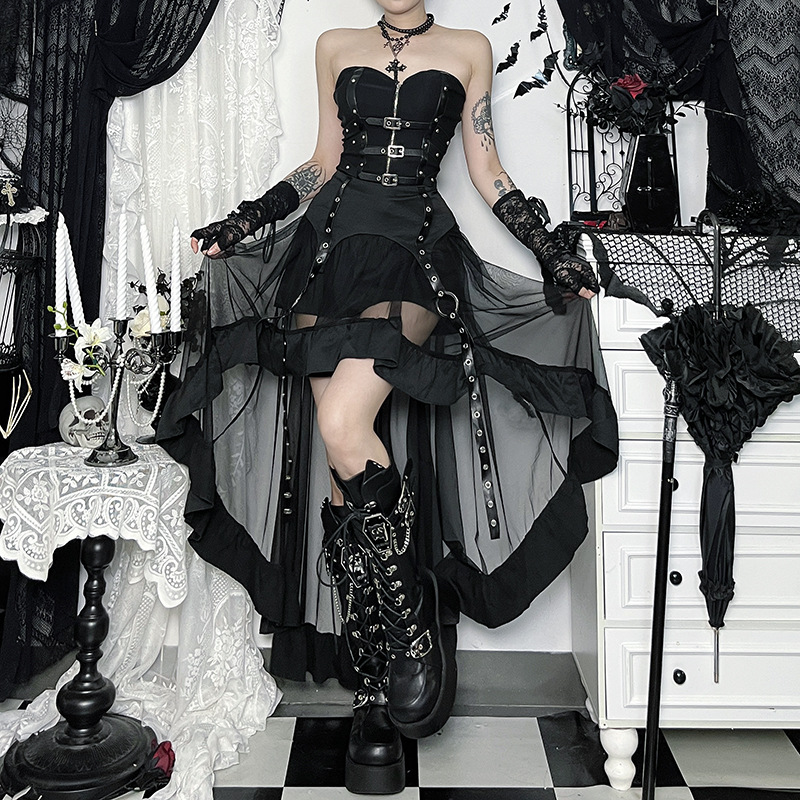 Cf25210 Dark Asymmetrical Mesh Skirt 2025 New Gothic Style Sexy Street Versatile Long Skirt for Women