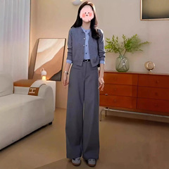 时尚职业套装女2025秋冬新款韩系假两件针织开衫西装直筒裤两件套